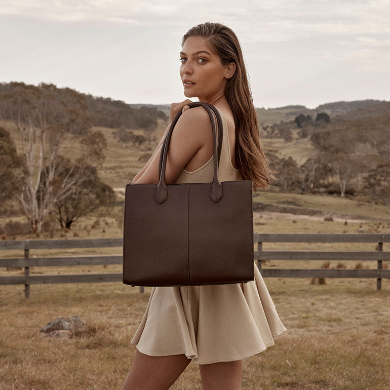 Status Anxiety Without Warning Leather Tote Bag Cocoa