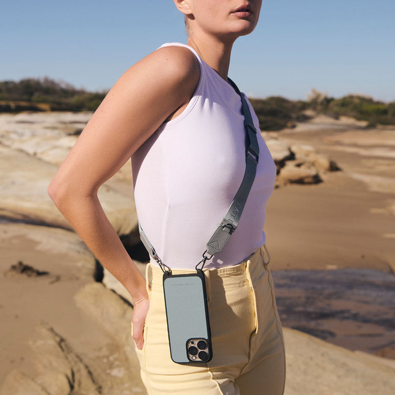 Status Anxiety Enough To Leave Leather iPhone Case Powder Blue